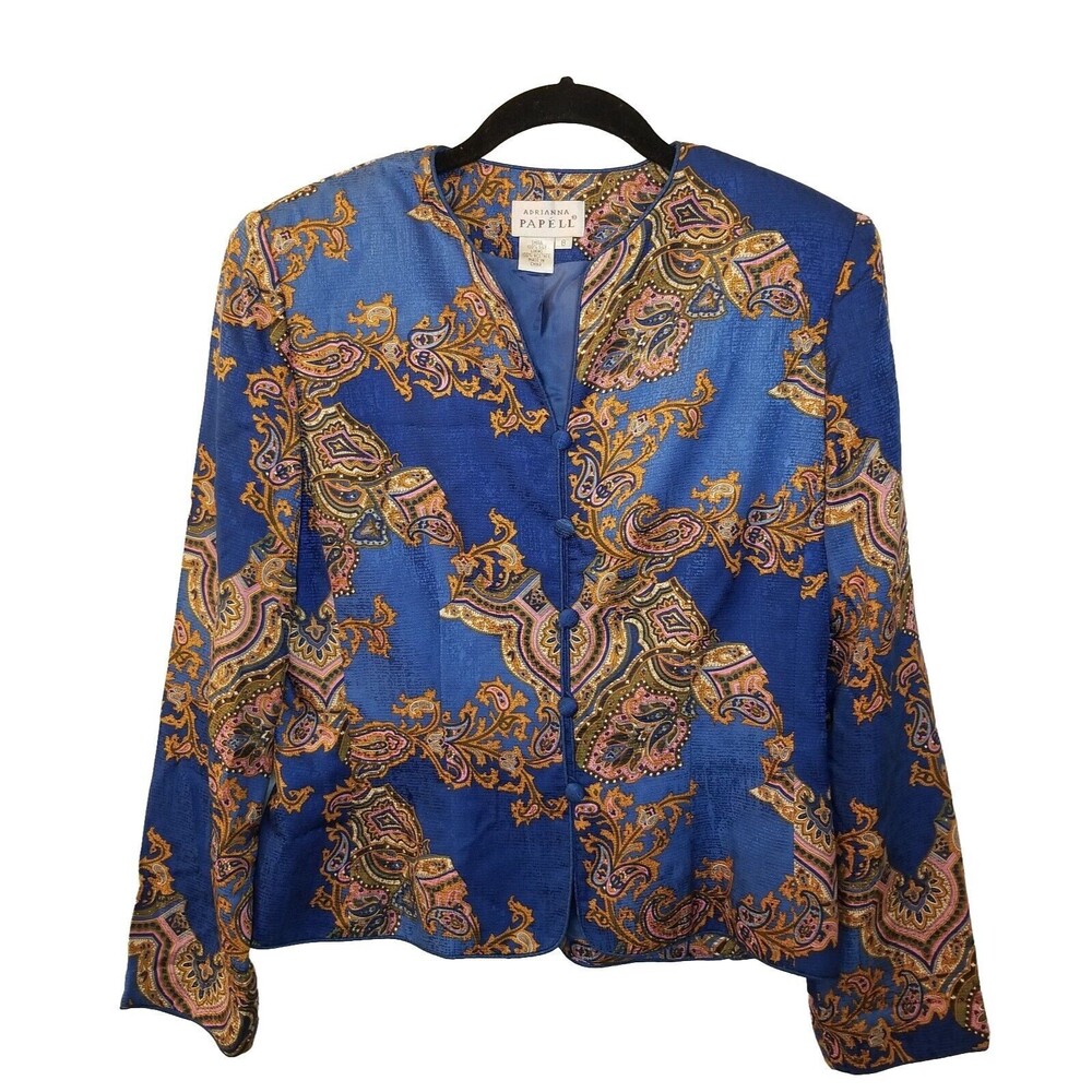 Adrianna Papell 100% Silk Teal Blue Multicolor Paisley Button Blazer Size 8